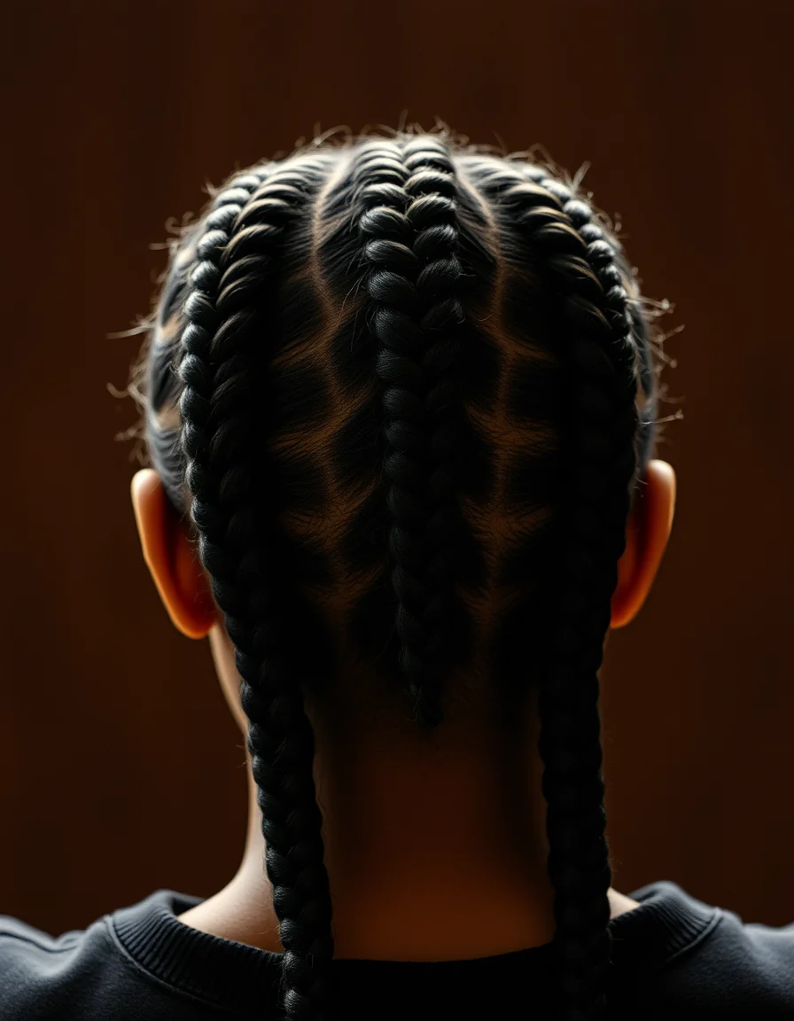 Concept photograph: the back of a head of freshly finished cornrows with clean, even parts, lit warmly against a deep brown background.