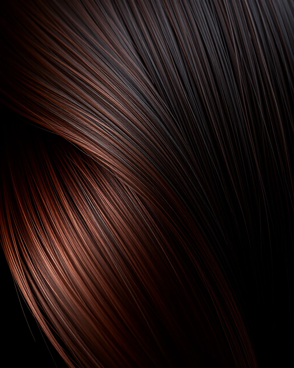 Concept photograph: a glossy auburn colour melt running through dark hair.