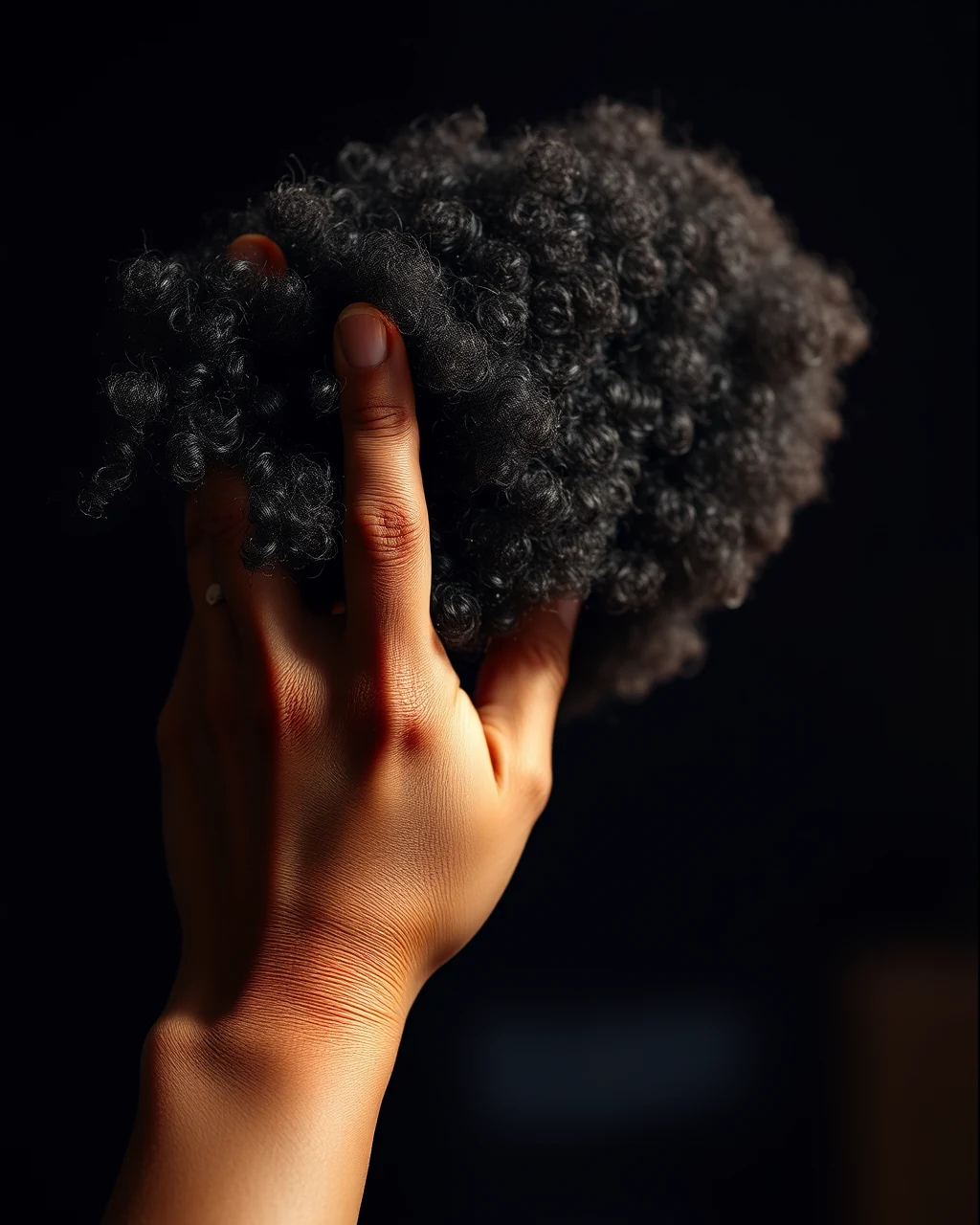 Concept photograph: a stylist's hand lifting and separating a section of coily hair.