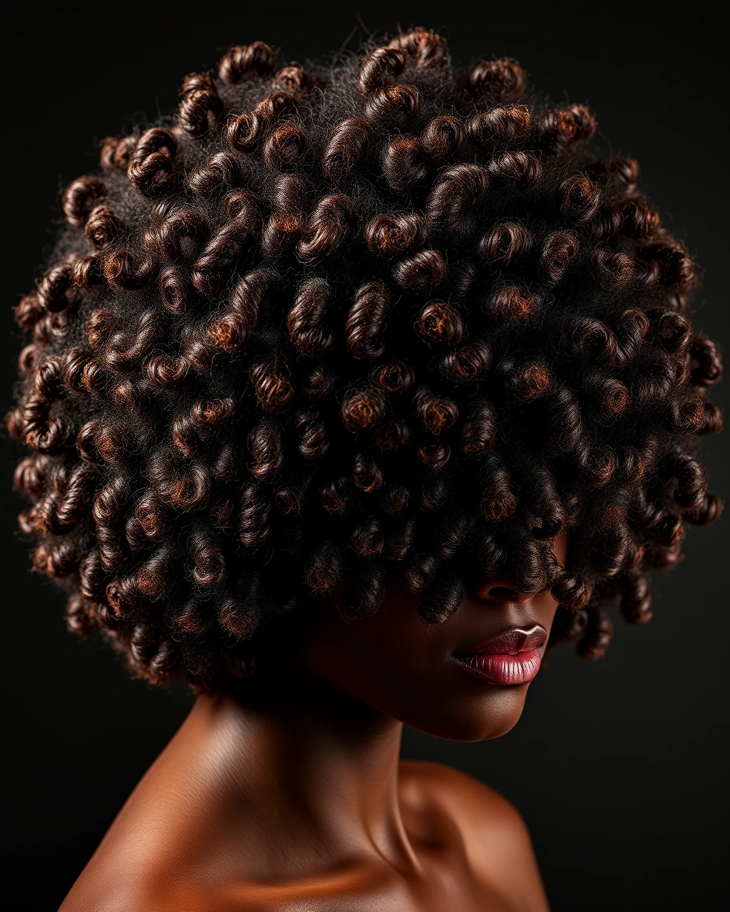 Concept photograph: a full head of defined natural curls lit from the side against a dark background.