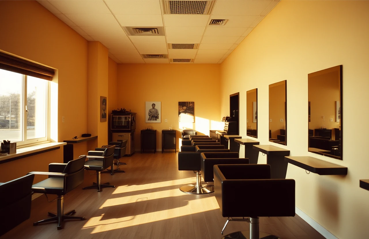 Concept photograph: a warm empty salon floor with afternoon light across the chairs.