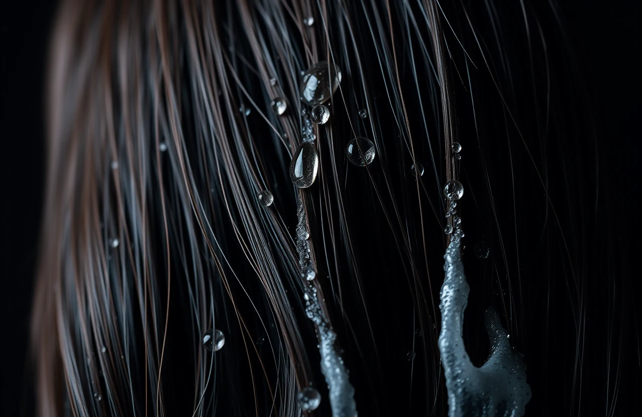 Concept photograph: clean wet hair with water beading on the strands.
